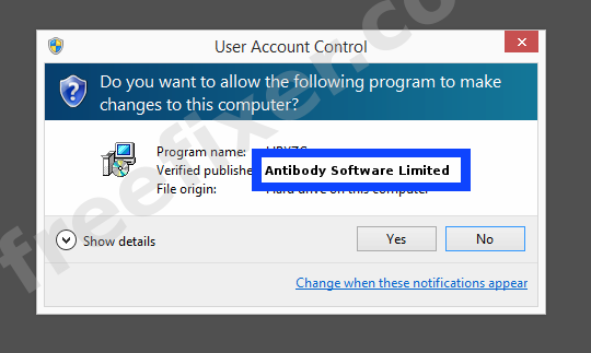 Screenshot where Antibody Software Limited appears as the verified publisher in the UAC dialog